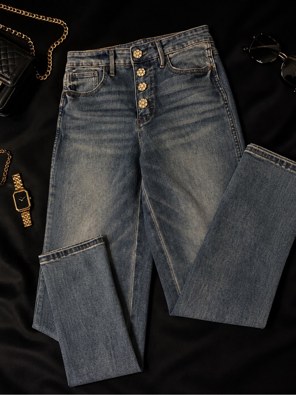 White House Black Market High-Rise Blue Denim Jeans with Decorative Gold Buttons - Picture 1 of 2